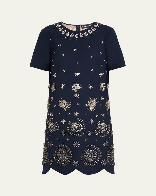 Crystal Embroidered Short-Sleeve Mini Cocktail Dress
